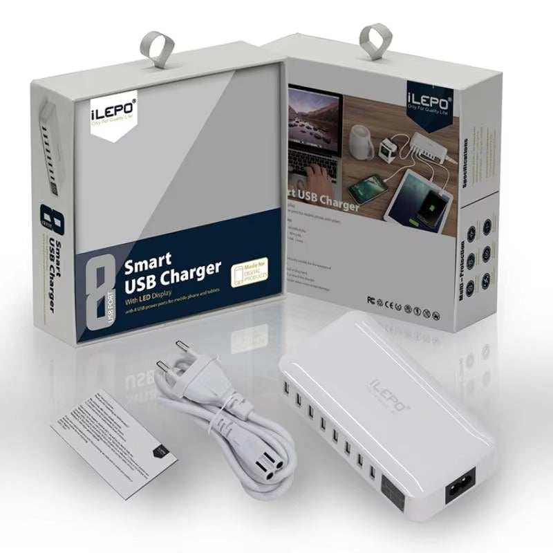 60W 8 Port USB Fast Charger QC3.0 HUB Smart Quick Charge LED Display Multi USB Charging Station Mobile Phone Desktop Home